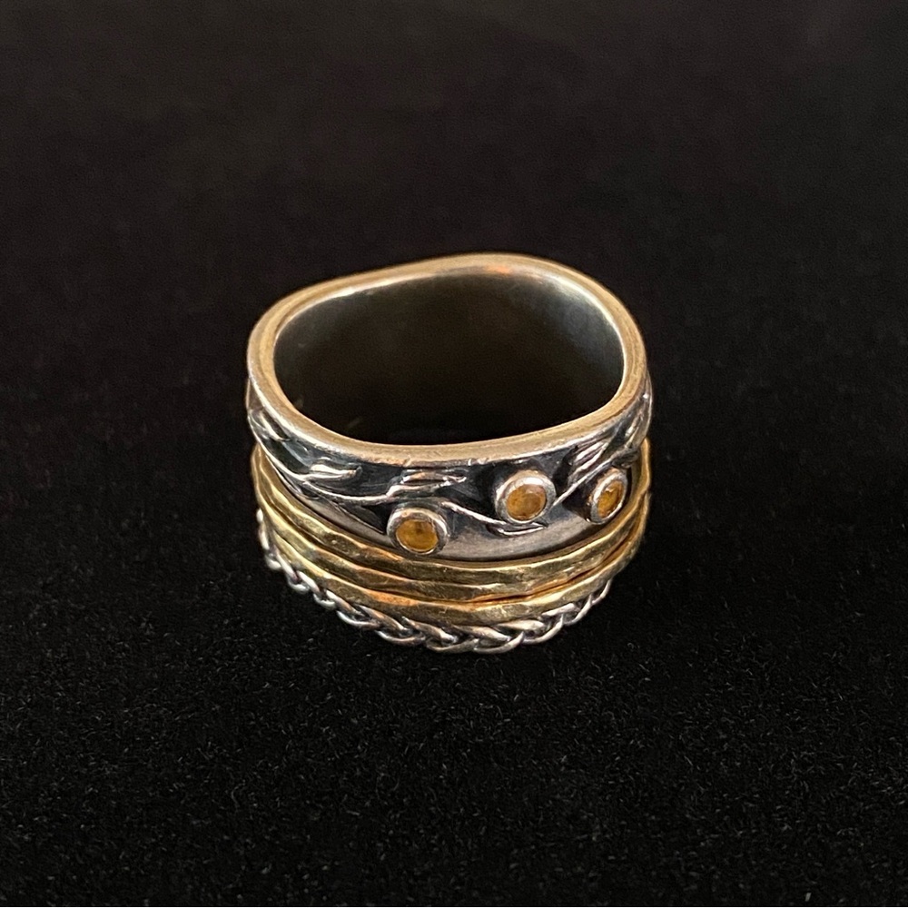 PZ Israel 925 Sterling Silver Citrine Ivy Accent Spinner Cuff Band Ring sz 10.5